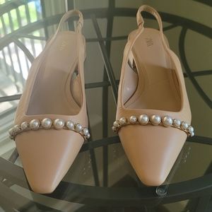 ZARA | GOOD AS NEW FLAT LEATHER SLINGBACK SHOES WITH PEARLS
